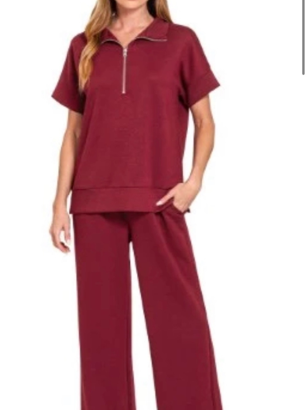 Zenana Outfitters Scuba Half zip pullover and pants set in Burgundy- 2 pc